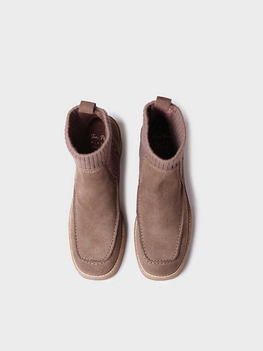 Mujer Toni Pons | Botin De Tacon Ancho Para Mujer En Serraje Y Tejido En Taupe - Praga-Sy